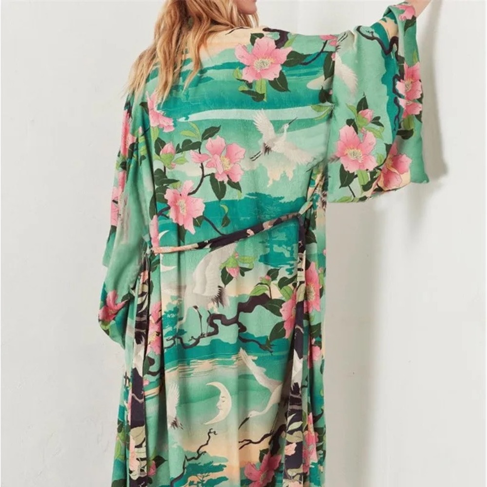 Bohemian Gypsy Floral Bird Pattern Oversized Resort Beach Maxi Long Kimono - Picture 3 of 6